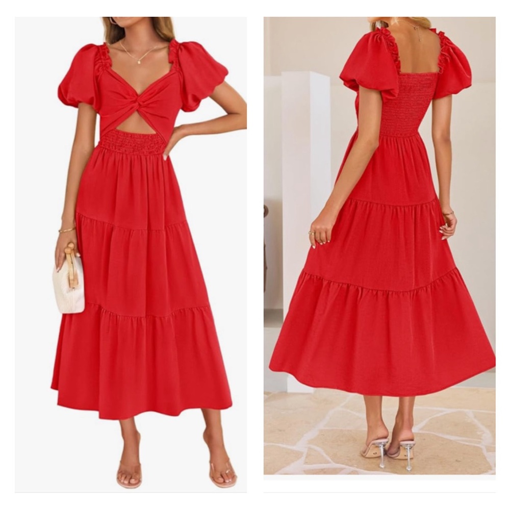 Elegant Red Puff Sleeve Dress